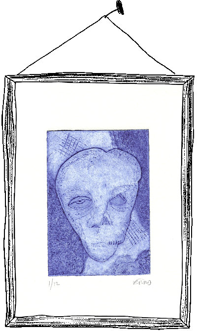 Damaged skull original collagraph print