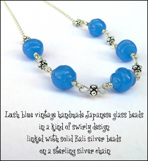 Lush blue vintage handmade Japanese glass beads in a kind of swirly design linked with solid Bali silver beads on a sterling silver chain