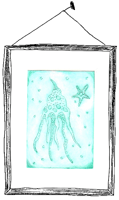 Plankton and Starfish drypoint print in aqua by PinkWaterFairy SomethingSlightlyOdd 