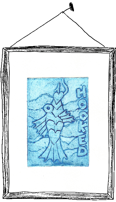 Hooked Blue Fish Collagraph Print by PinkWaterFairy Something Slightly Odd