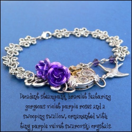 L'hirondelle et les roses violettes - Swallow and violet roses - steampunk bracelet