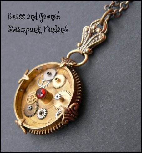 A 'collage' of tiny clock parts and pretty ruby coloured glass cabochons on a vintage brass recycled cog make this dainty pendant