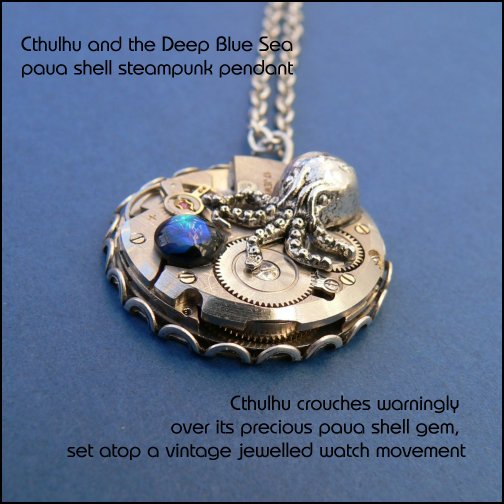 Steampunk Pendant depicting Cthulhu (Lovecraft octopus celaphod sea monster) crouching warningly over ablalone gemstone