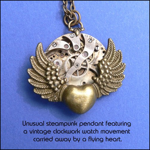 unusual steampunk pendant featuring a vintage clockwork watch movement carried away by a flying heart