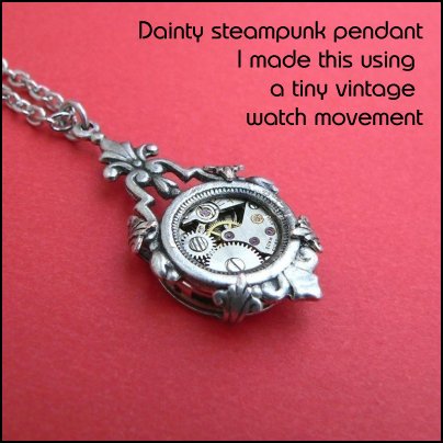 Steampunk pendant - An assemblage of vintage watch parts under a filigree crescent moon set on an oxidised silver plated pendant
