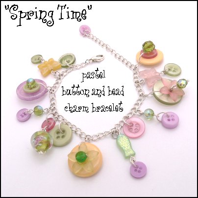 Spring Time button flowers beads and butterflies on a delicate silver chain charm bracelet