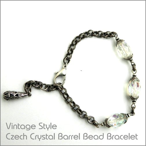 Vintage Style Czech crystal glass barrel bead bracelet with silver ox textured chain links