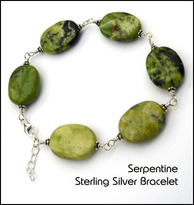 Semi Precious Gemstone Serpentine Sterling Silver Bracelet