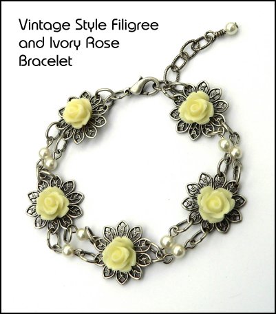 Vintage Style Silver Ox Filigree and Ivory Rose Bracelet