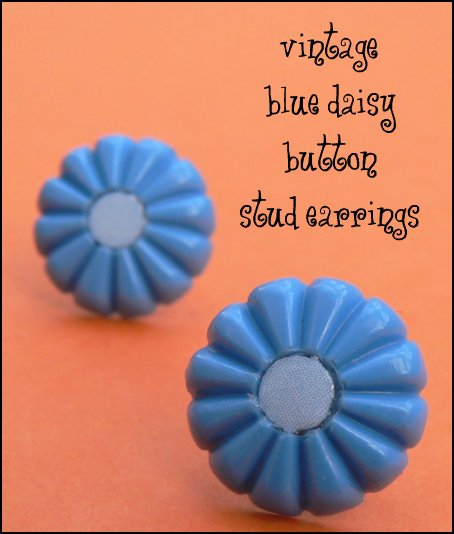 Earrings made with vintage blue daisy buttons
