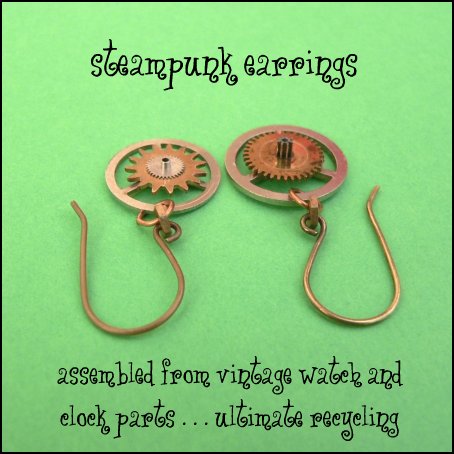 Steampunk Earrings assembled from vintage brass clock and watch parts hanging on handamade brass earwires