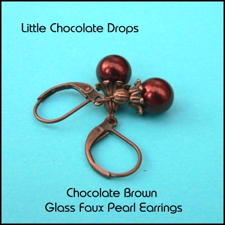 Glossy chestnut brown glass faux pearl earrings on copper leverbacks