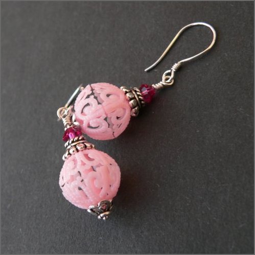 Queen of Kitsch earrings - pink lacey plastic beads decorated with solid Bali sterling silver beadcaps and sparkly fuschia coloured Swaroski crystals