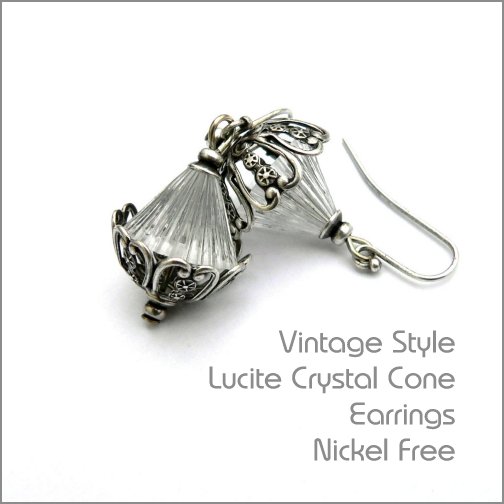 vintgage style earrings made with lucite cone beads and ornate oxidised silver beadcaps nickel free