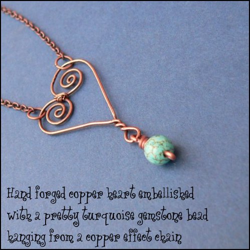 Hand forged copper heart embellished with a pretty turquoise gemstone bead hanging from a copper effect chain.