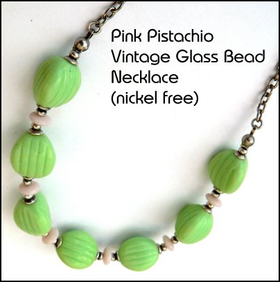 Pink Pistachio - Vintage ribbeld green glass beads and vintage pale pink rondelle glass beads nickel free