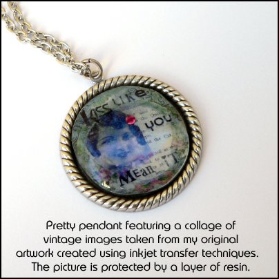 Pendant featuring a collage of vintage images created using inkjet transfer techniques protected by resin