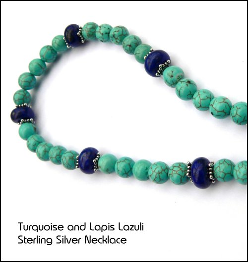 Turquoise and Lapis Lazuli Semi Precious Gemstone Sterling Silver Necklace